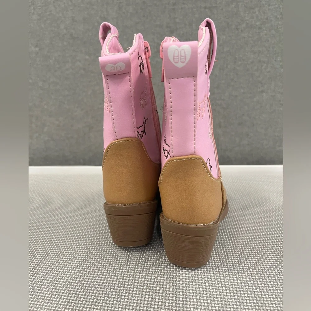 Kids Pink & Tan Western Cowboy Boots - Cute Horse Print